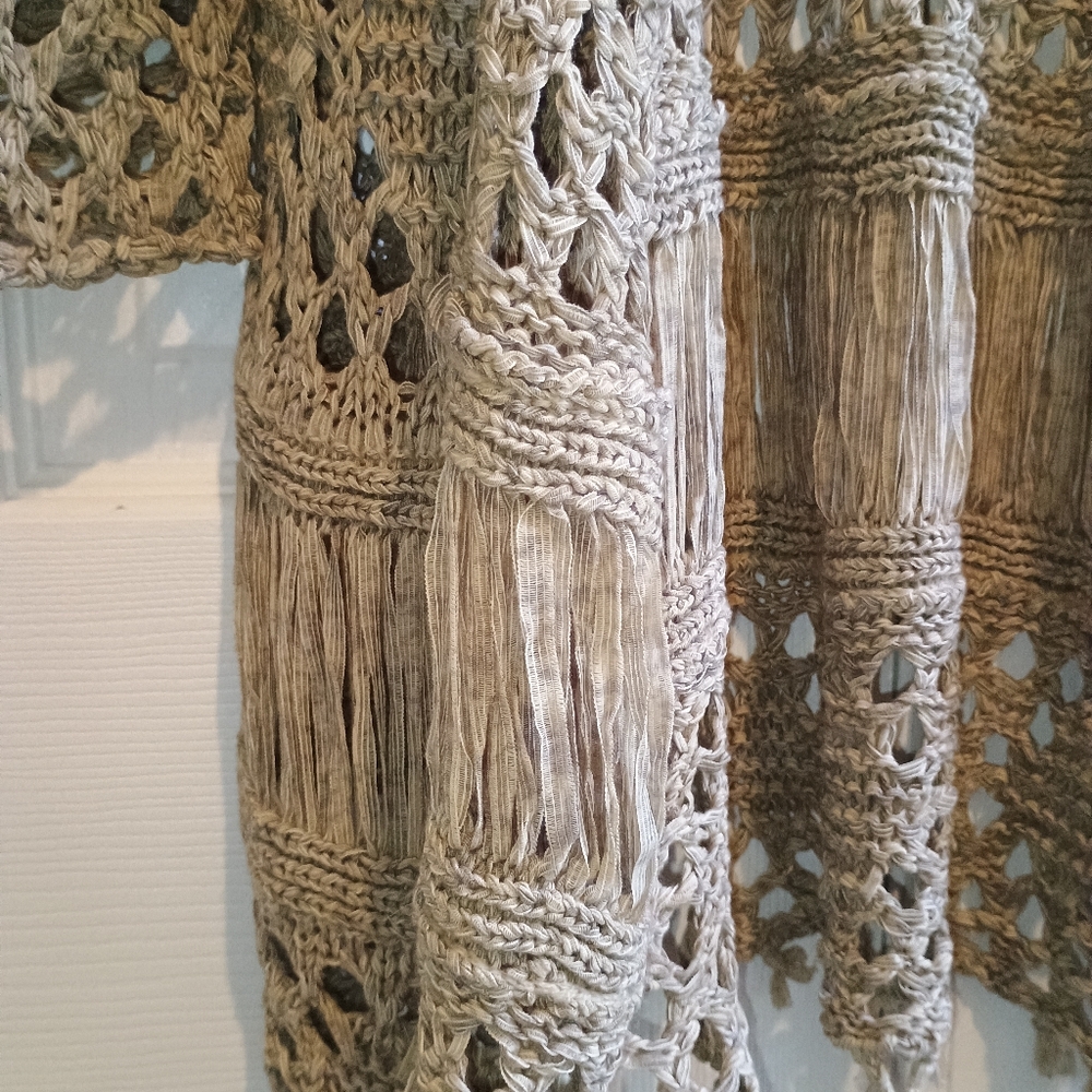 Reba Boho Crochet Fringe Knit Duster Cardigan Medium Neutral‎ Tan Festival... - Picture 7 of 12